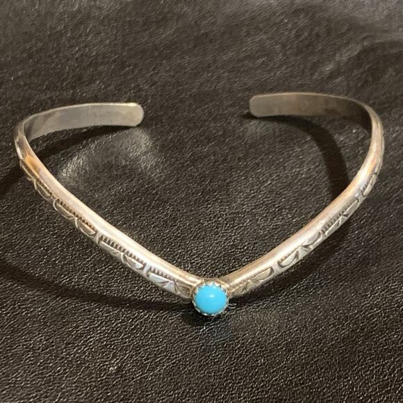 Native American Jewelry - Handmade Sterling Silver Cuff Bracelet w/ Sleeping Beauty Turq & Engraved by DCC